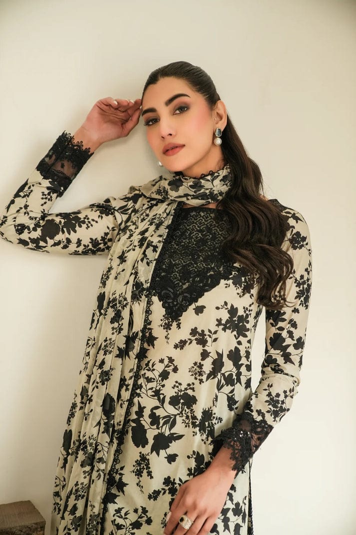 Aneela's Collection | Off-White & Black Floral Print - Lawn With Chiffon Dupatta