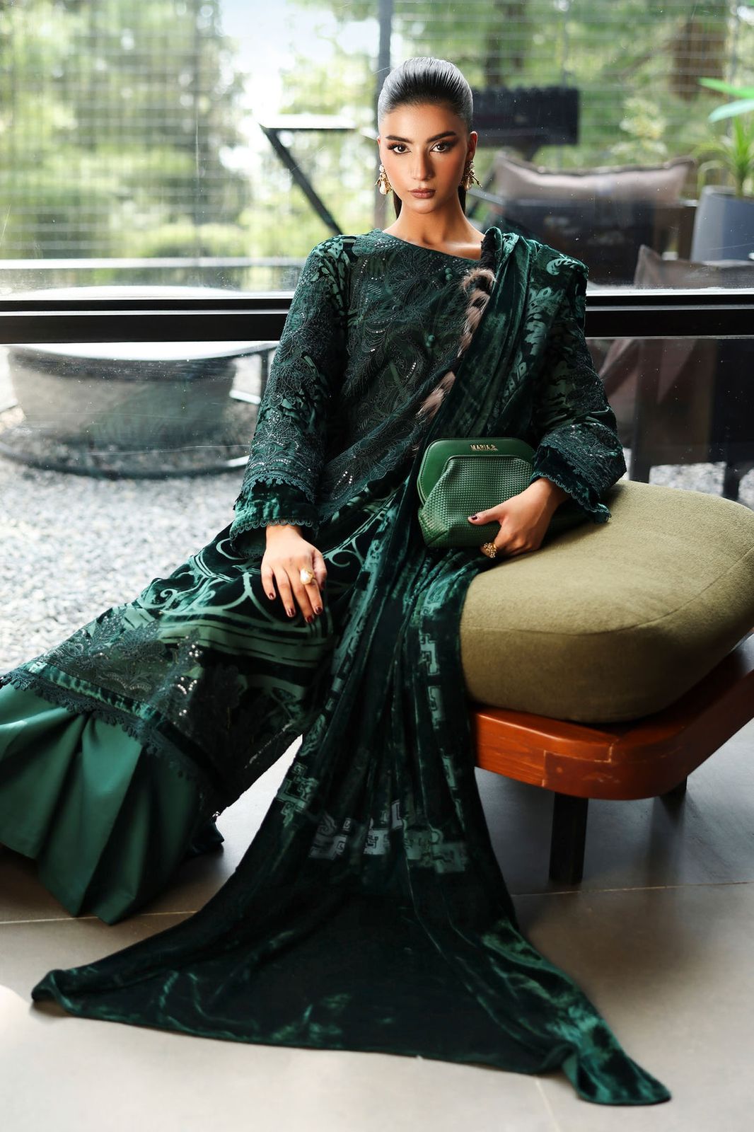 Asim Jofa | Dark Green - Velvet Collection  Floral Looms