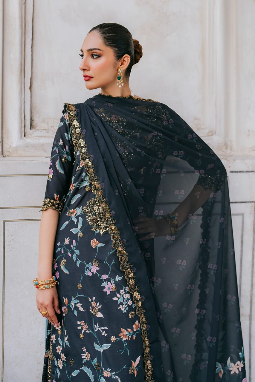 Iznik | Black - Embroidered Lawn with Digital Printed Silk Dupatta