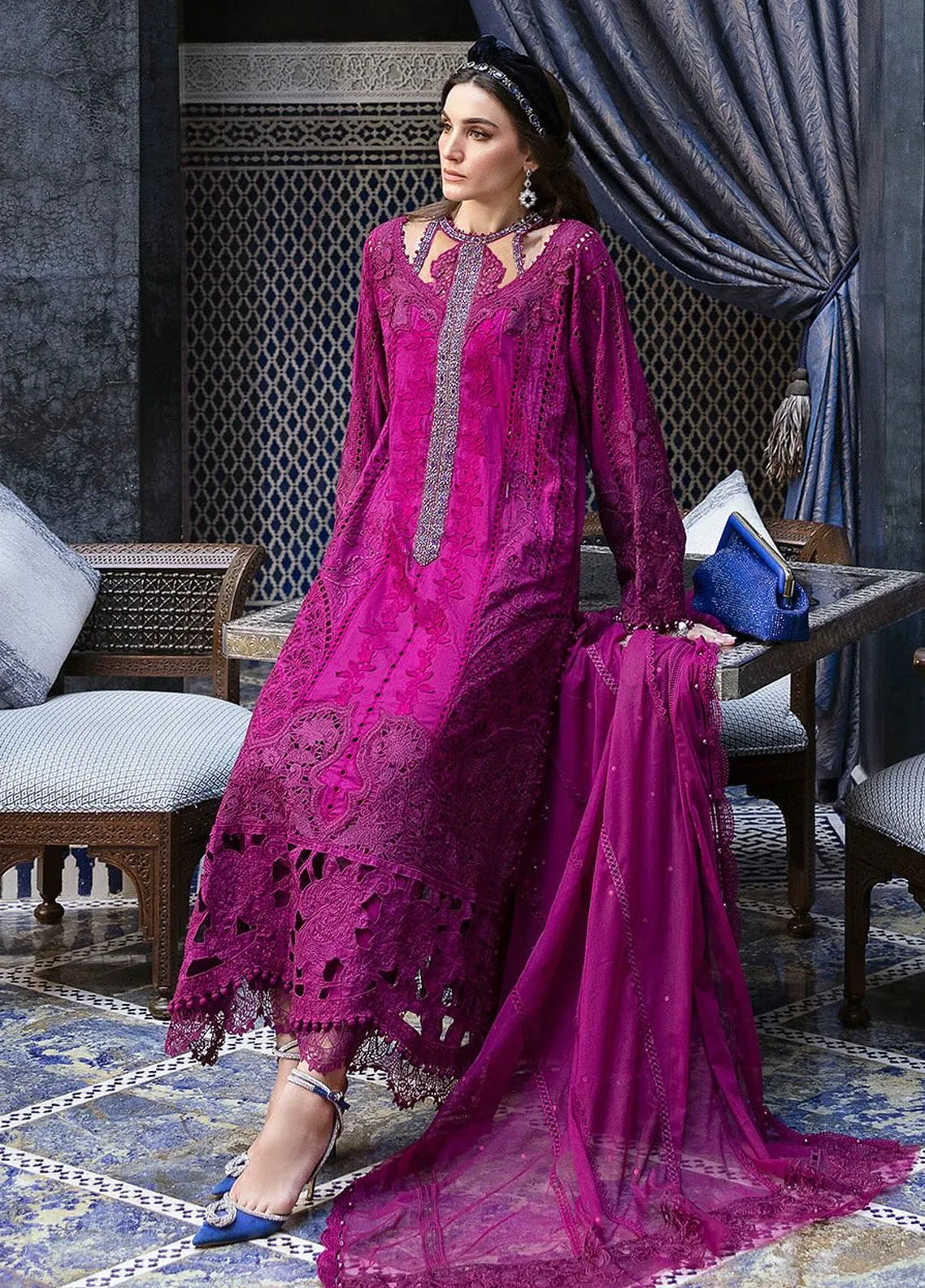 Maria B |  Deep Magenta - Cambric with Organza Dupatta