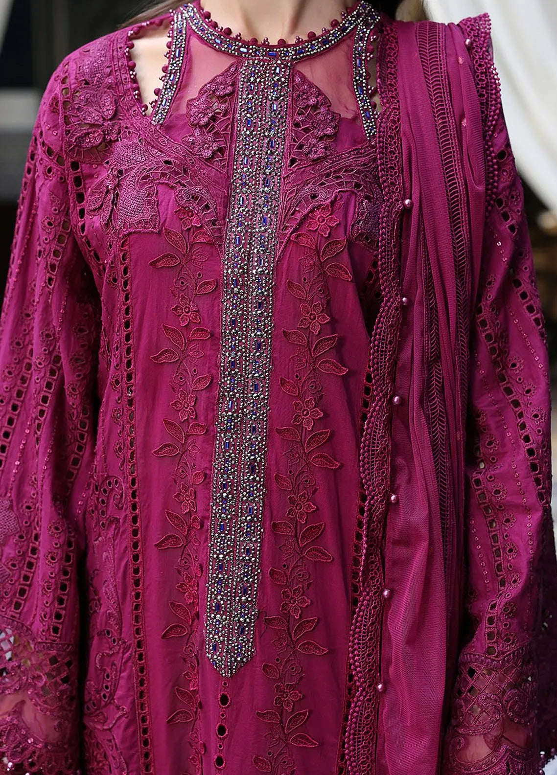 Maria B |  Deep Magenta - Cambric with Organza Dupatta