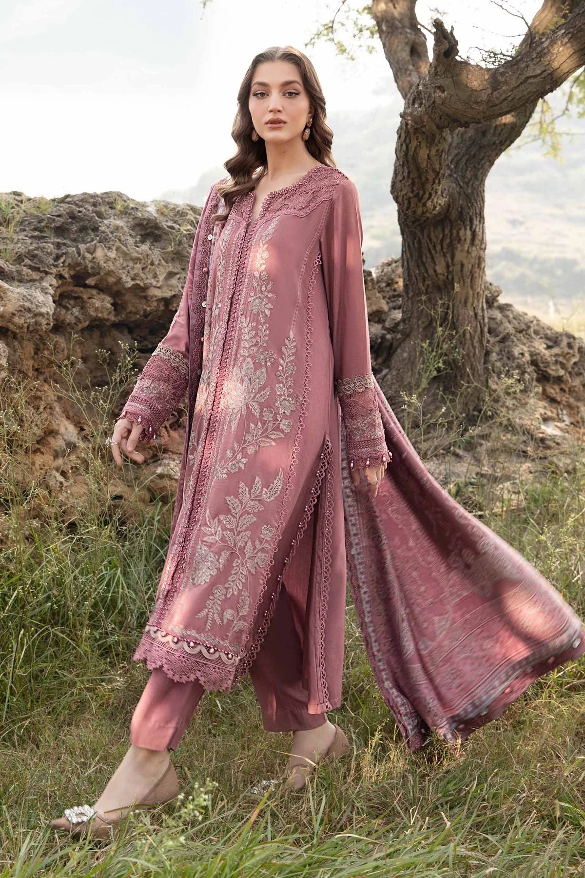 Pink-Maria.B M.Prints Embroidered Linen Unstitched 3Pc Suit MPT-2404-A